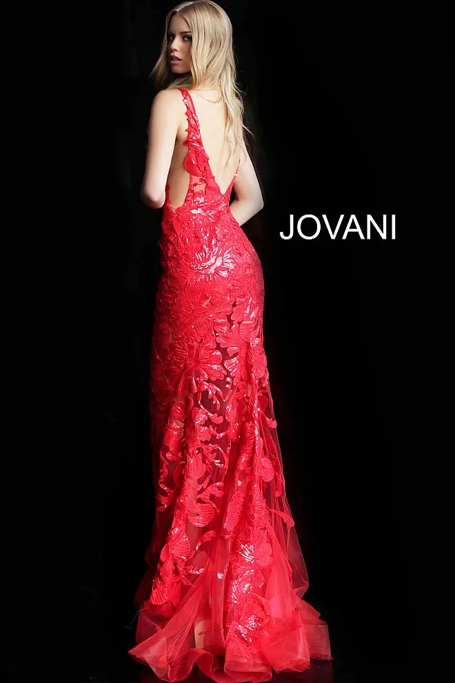 Jovani 60283 Size 10 Turquoise Long Floral Sheer Sequin Formal Evening Prom Dress V Neck Gown