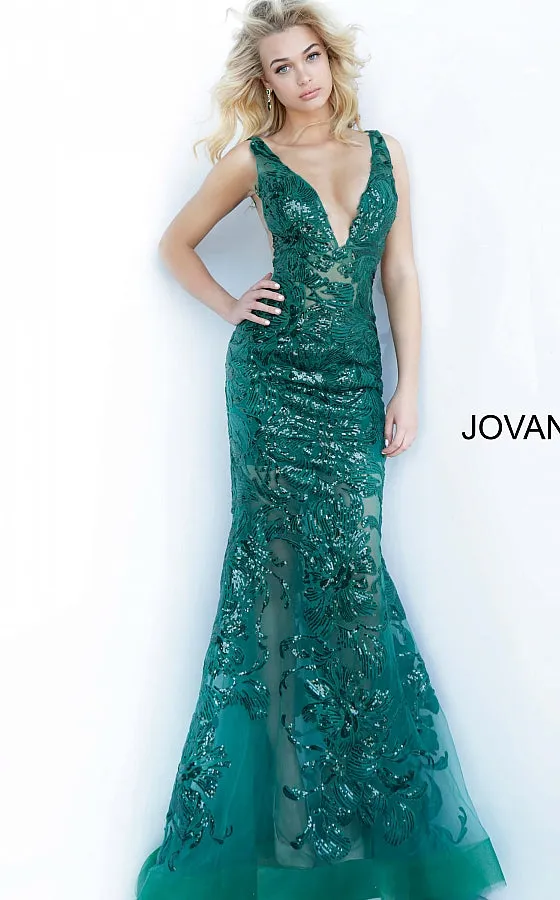 Jovani 60283 Size 10 Turquoise Long Floral Sheer Sequin Formal Evening Prom Dress V Neck Gown