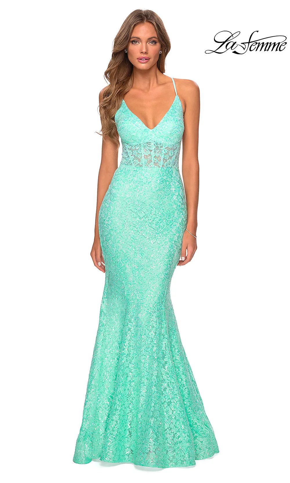 La Femme Sheer-Waist Long Sequin-Lace Formal Dress