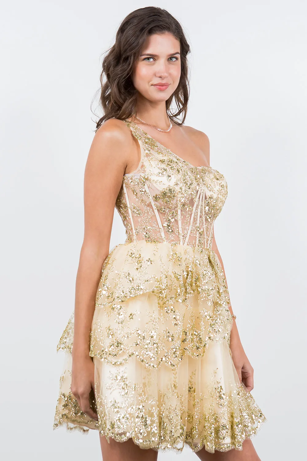 Lace One-Shoulder Tiered Skirt Cocktail Dress for Women, Sizes XS-3XL