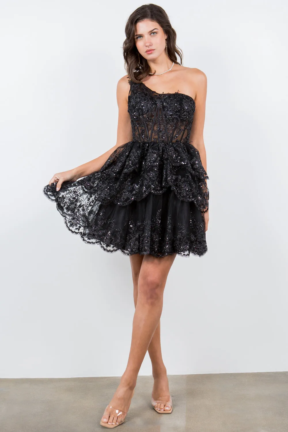 Lace One-Shoulder Tiered Skirt Cocktail Dress for Women, Sizes XS-3XL