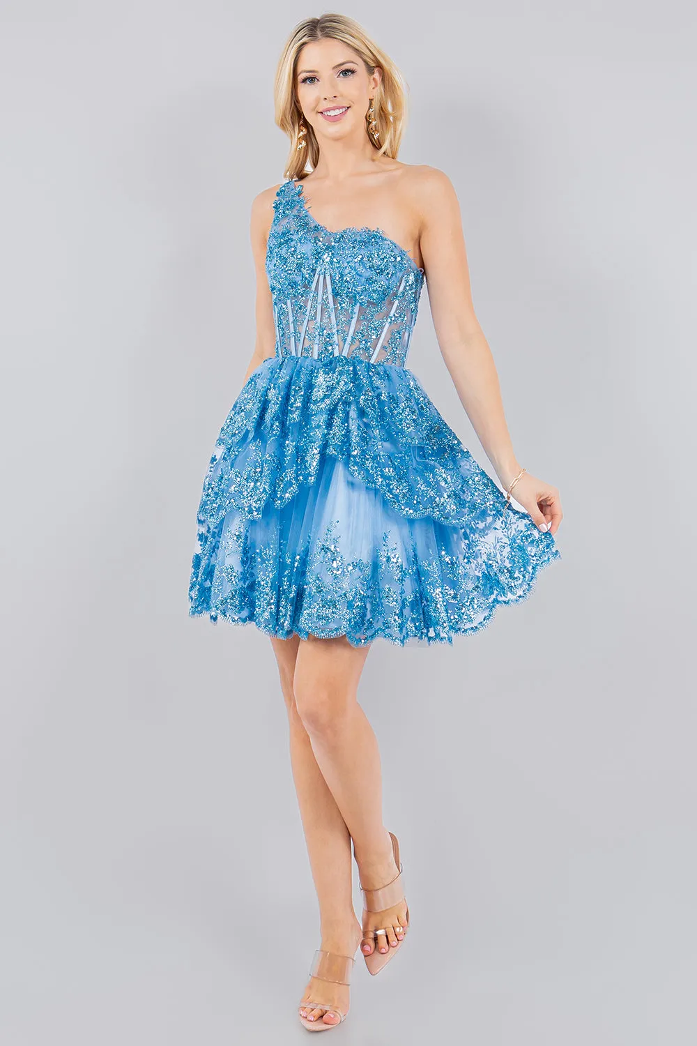 Lace One-Shoulder Tiered Skirt Cocktail Dress for Women, Sizes XS-3XL