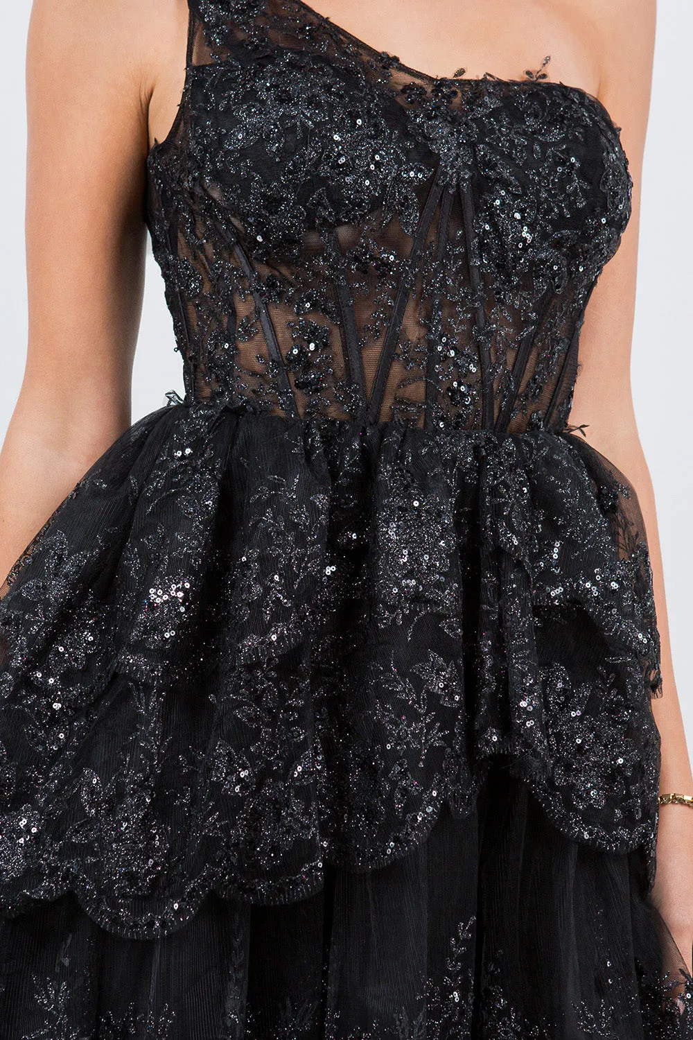 Lace One-Shoulder Tiered Skirt Cocktail Dress for Women, Sizes XS-3XL