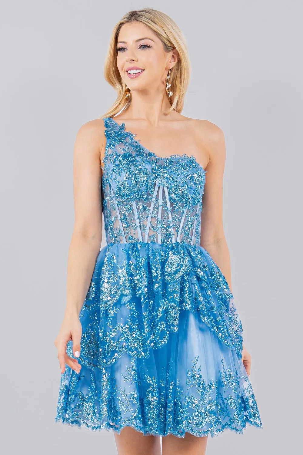 Lace One-Shoulder Tiered Skirt Cocktail Dress for Women, Sizes XS-3XL