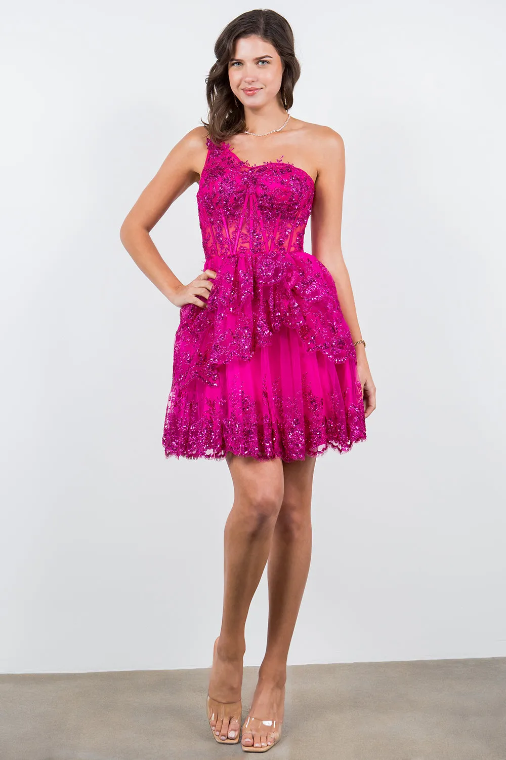 Lace One-Shoulder Tiered Skirt Cocktail Dress for Women, Sizes XS-3XL
