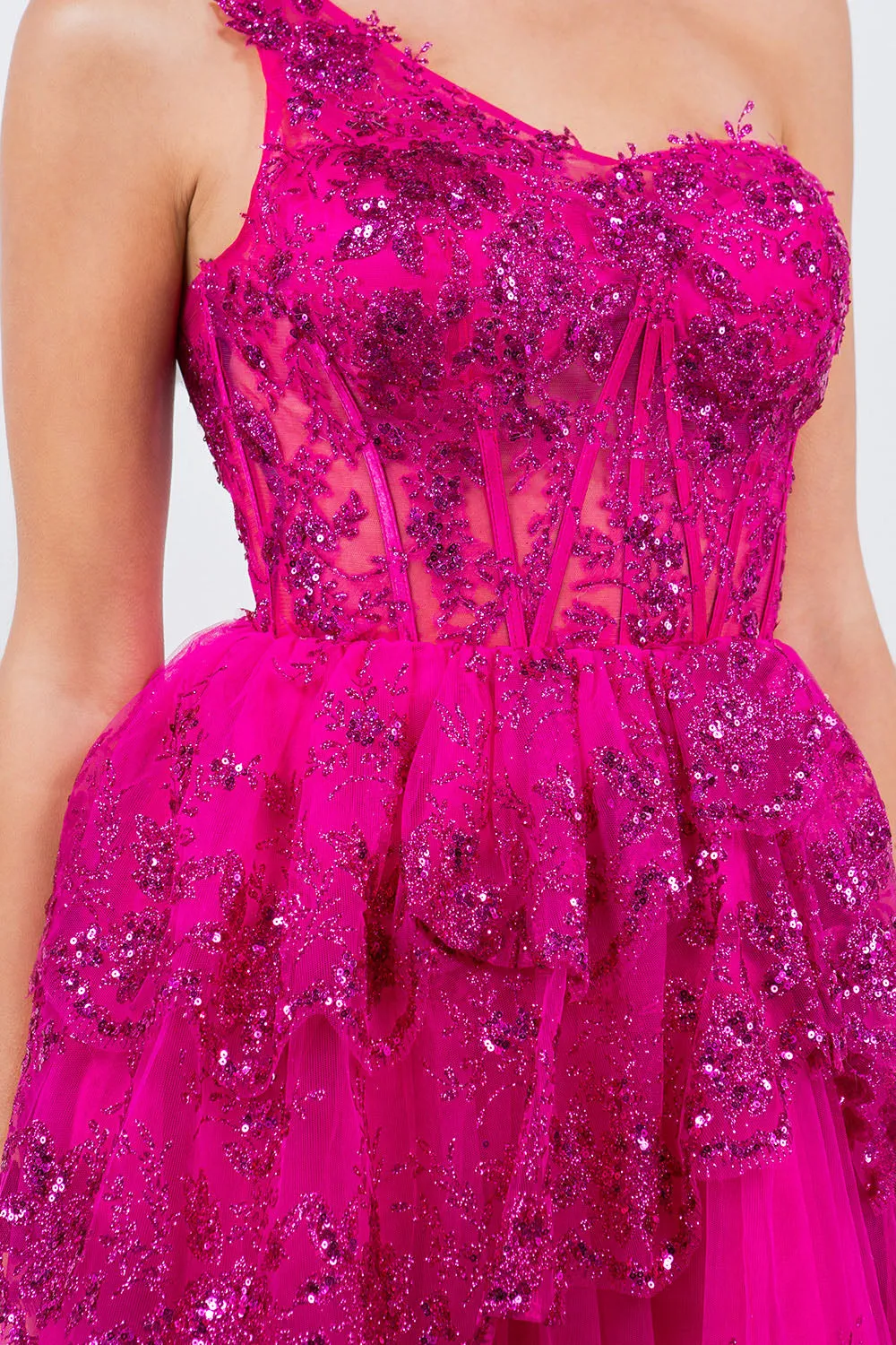 Lace One-Shoulder Tiered Skirt Cocktail Dress for Women, Sizes XS-3XL
