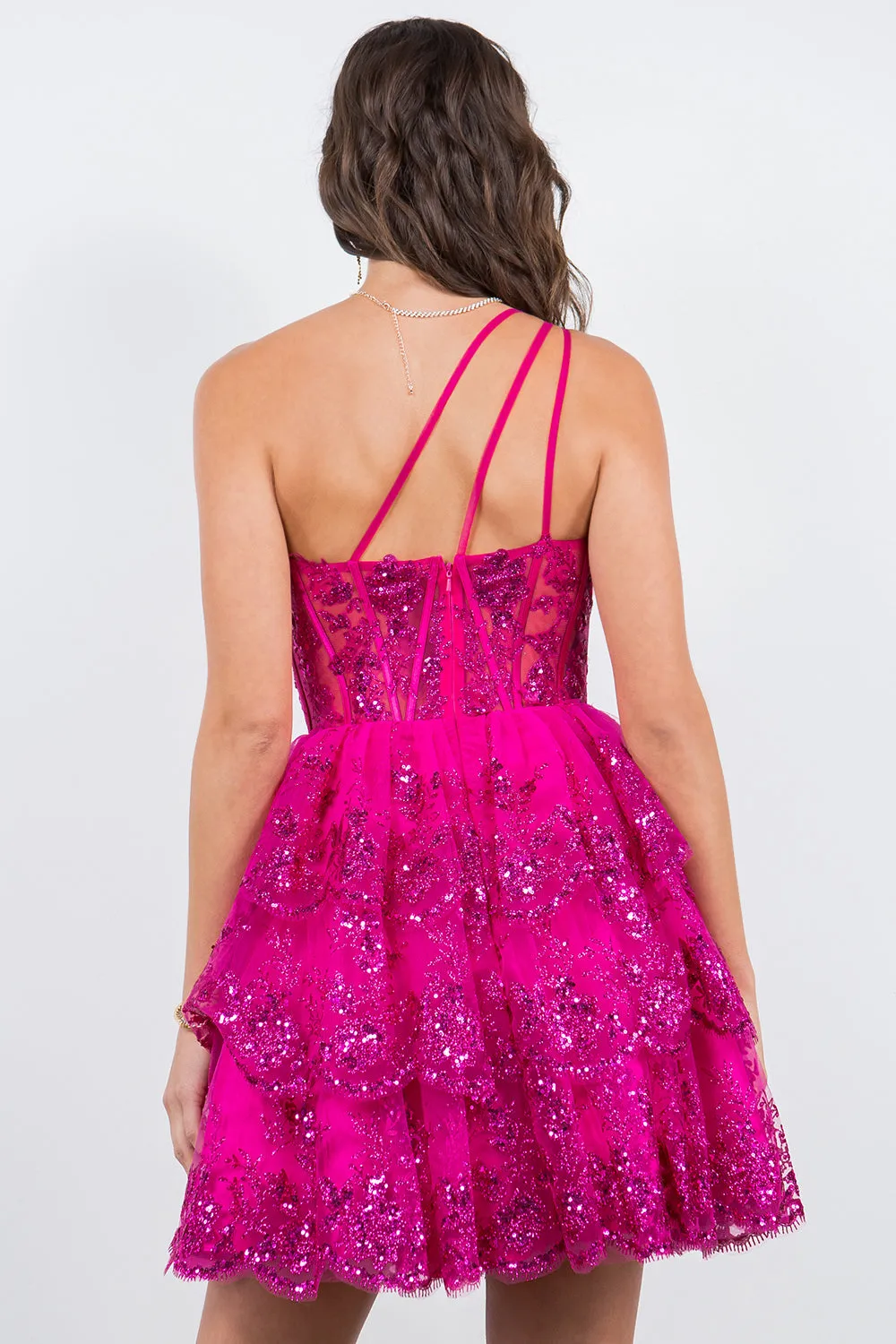 Lace One-Shoulder Tiered Skirt Cocktail Dress for Women, Sizes XS-3XL