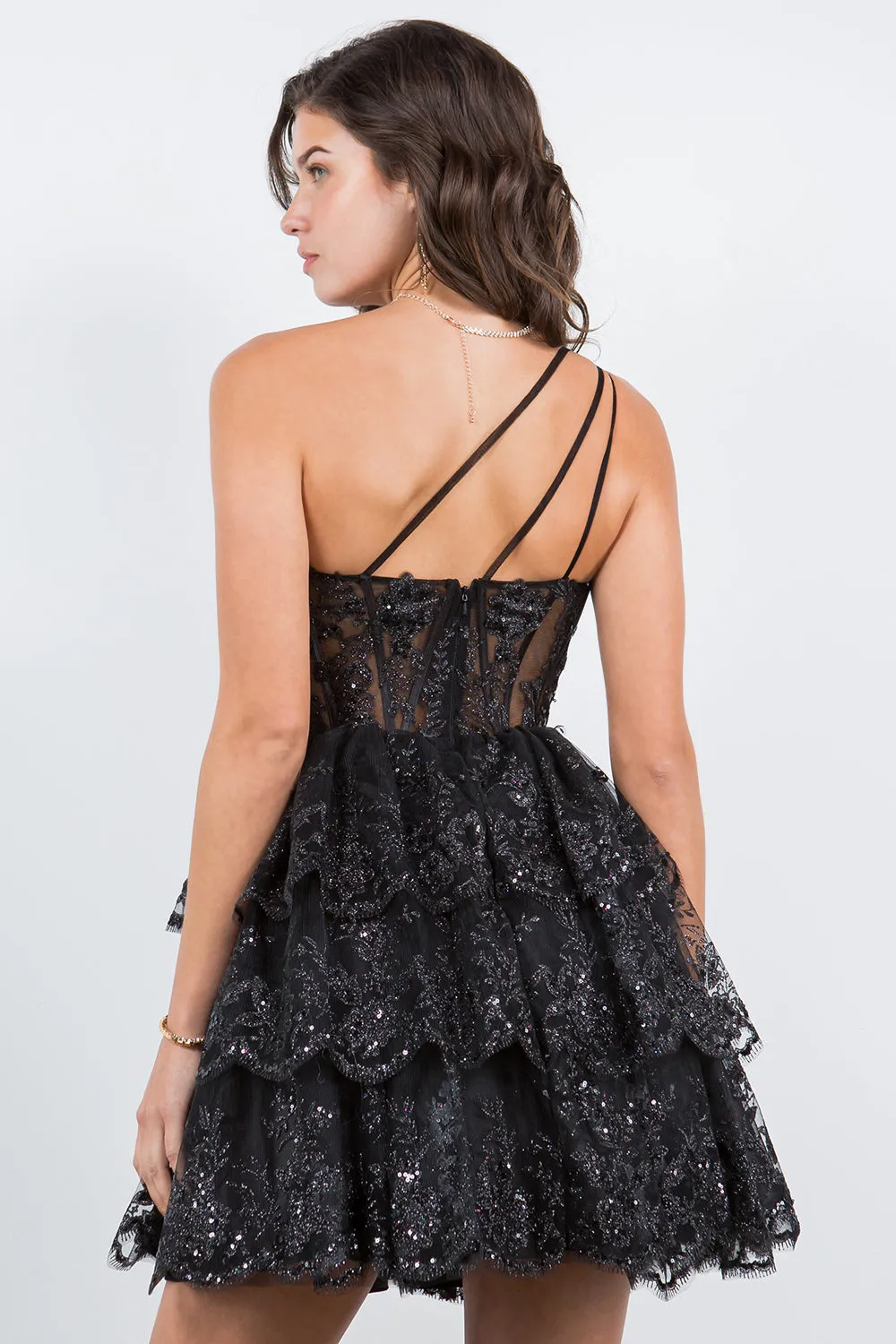 Lace One-Shoulder Tiered Skirt Cocktail Dress for Women, Sizes XS-3XL