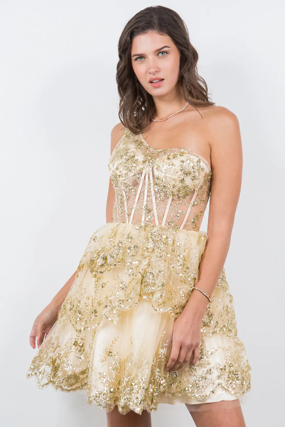 Lace One-Shoulder Tiered Skirt Cocktail Dress for Women, Sizes XS-3XL