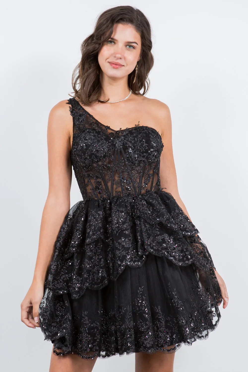Lace One-Shoulder Tiered Skirt Cocktail Dress for Women, Sizes XS-3XL
