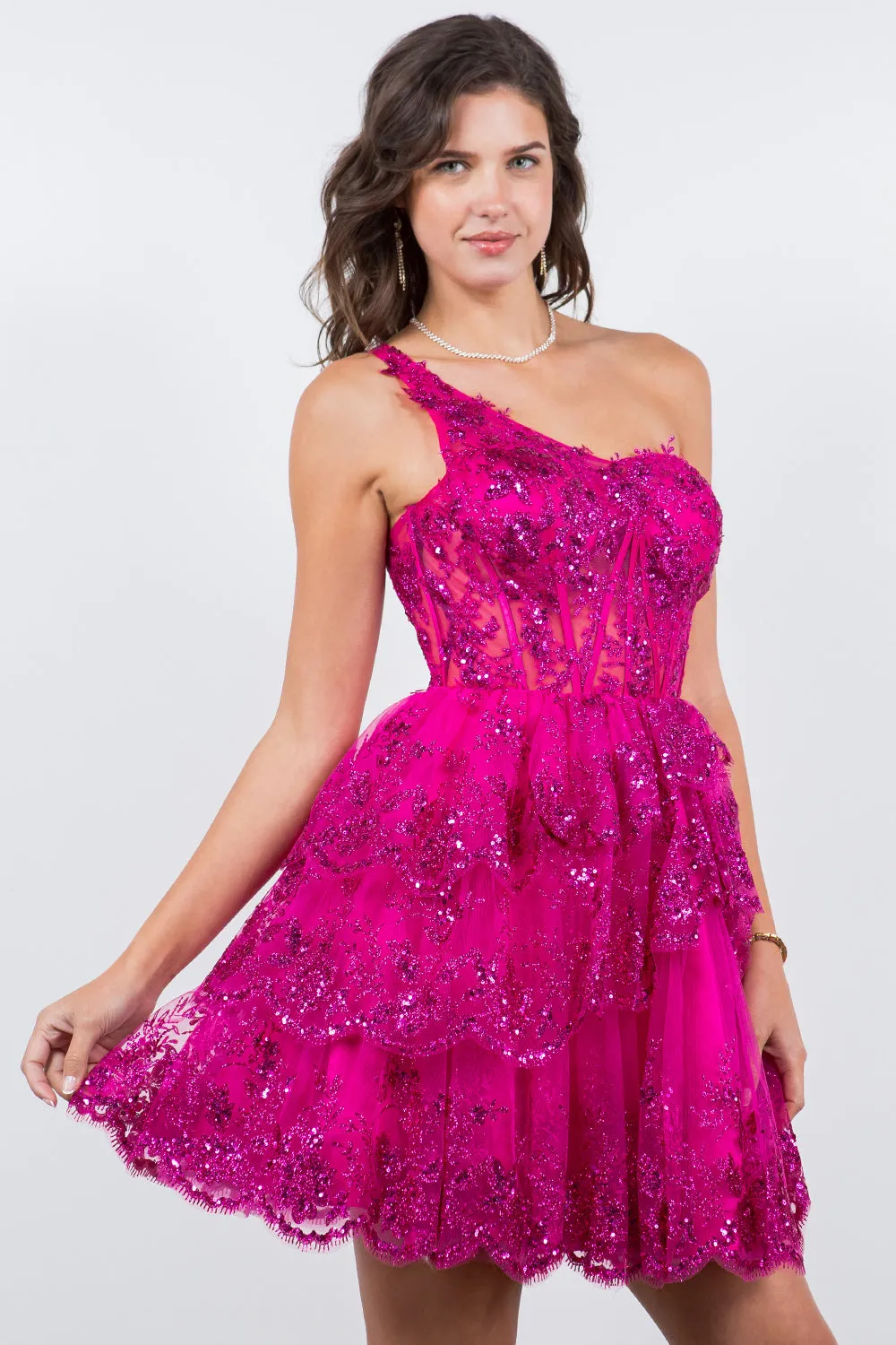 Lace One-Shoulder Tiered Skirt Cocktail Dress for Women, Sizes XS-3XL