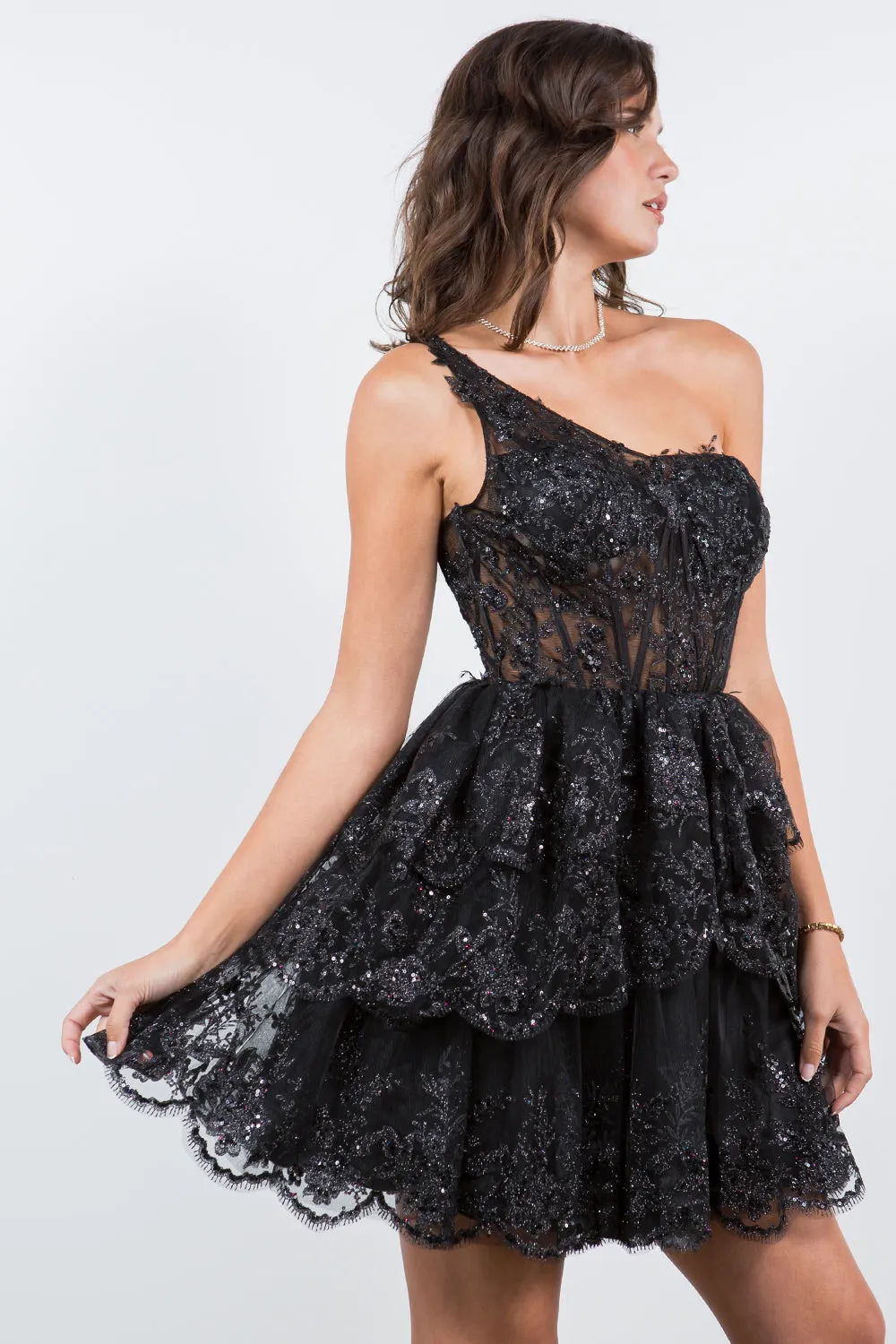 Lace One-Shoulder Tiered Skirt Cocktail Dress for Women, Sizes XS-3XL