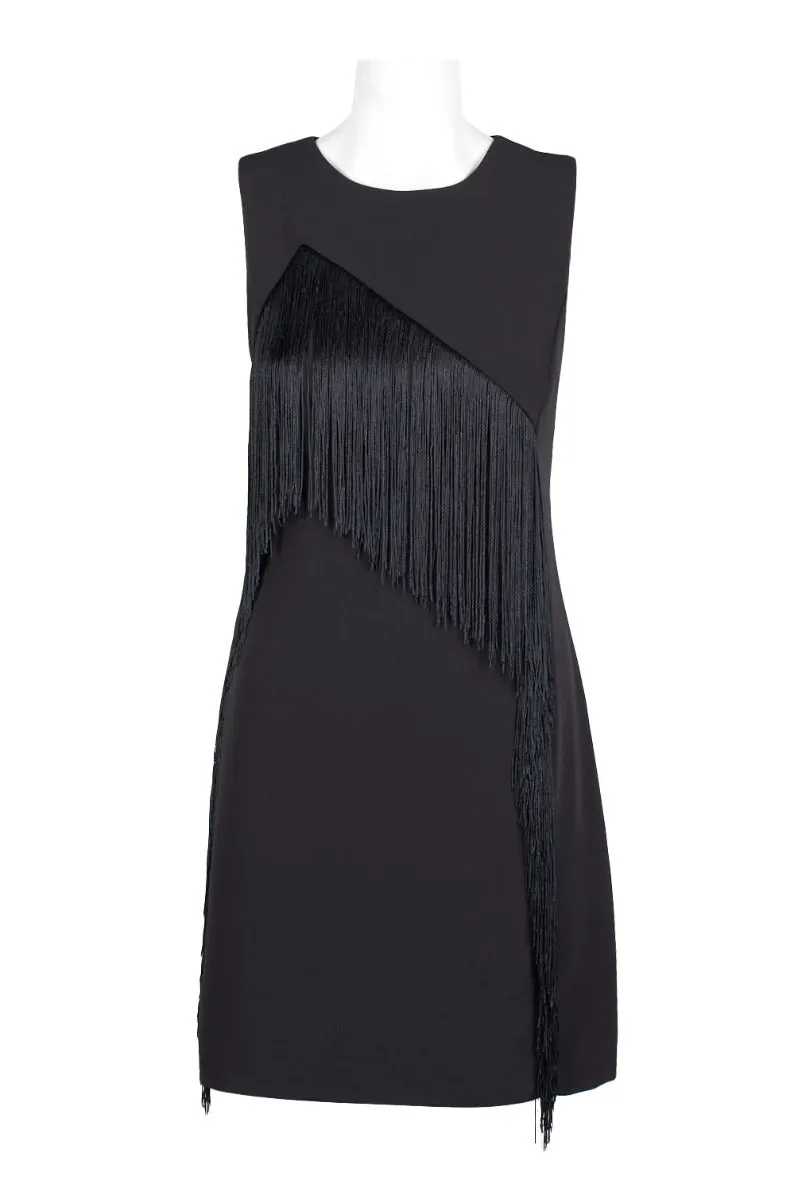 Laundry Crew Neck Sleeveless Asymmetrical Tassel Detail Zipper Back Crepe Dress
