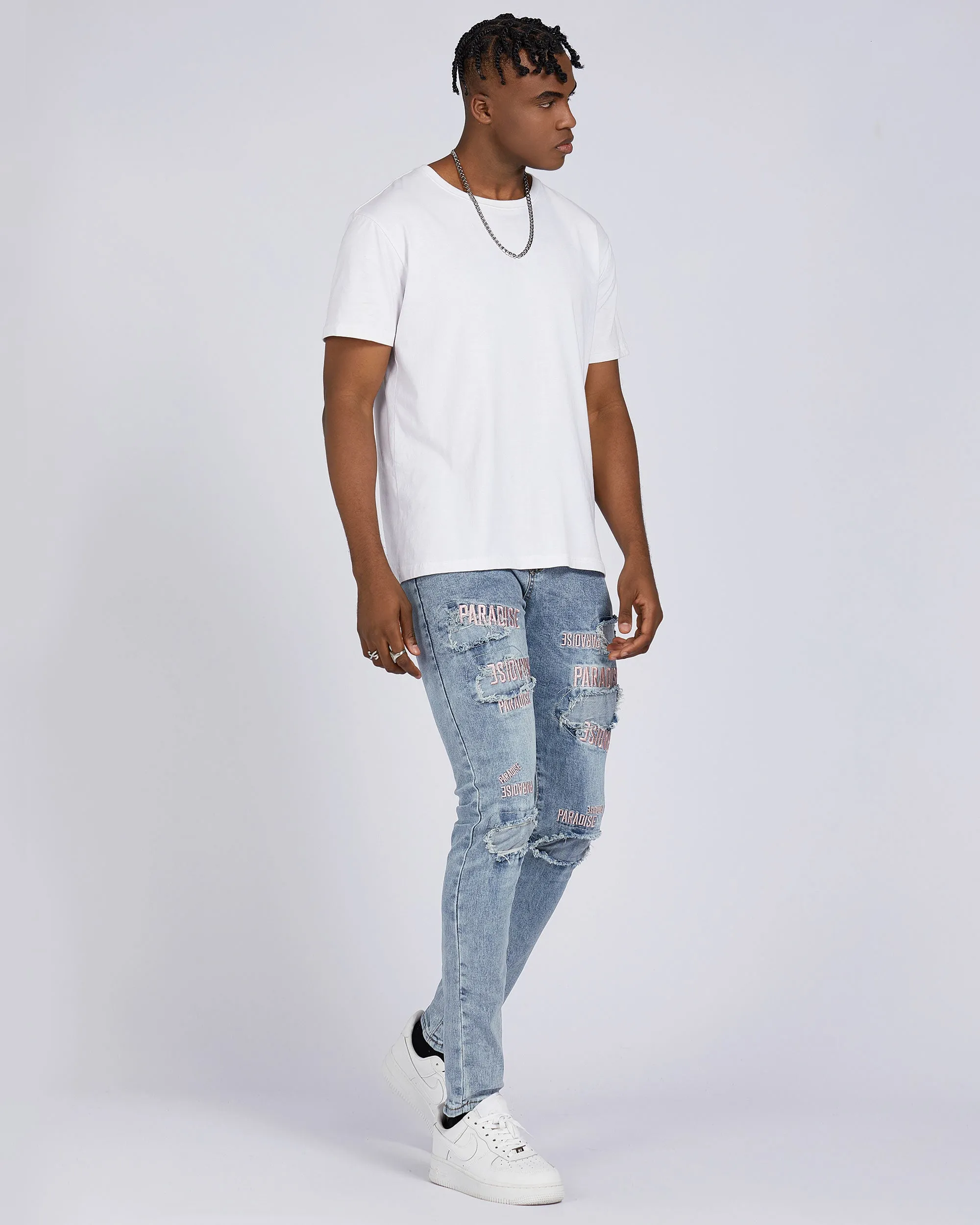 Light Wash Blue Rip & Repair Jeans with Embroidered