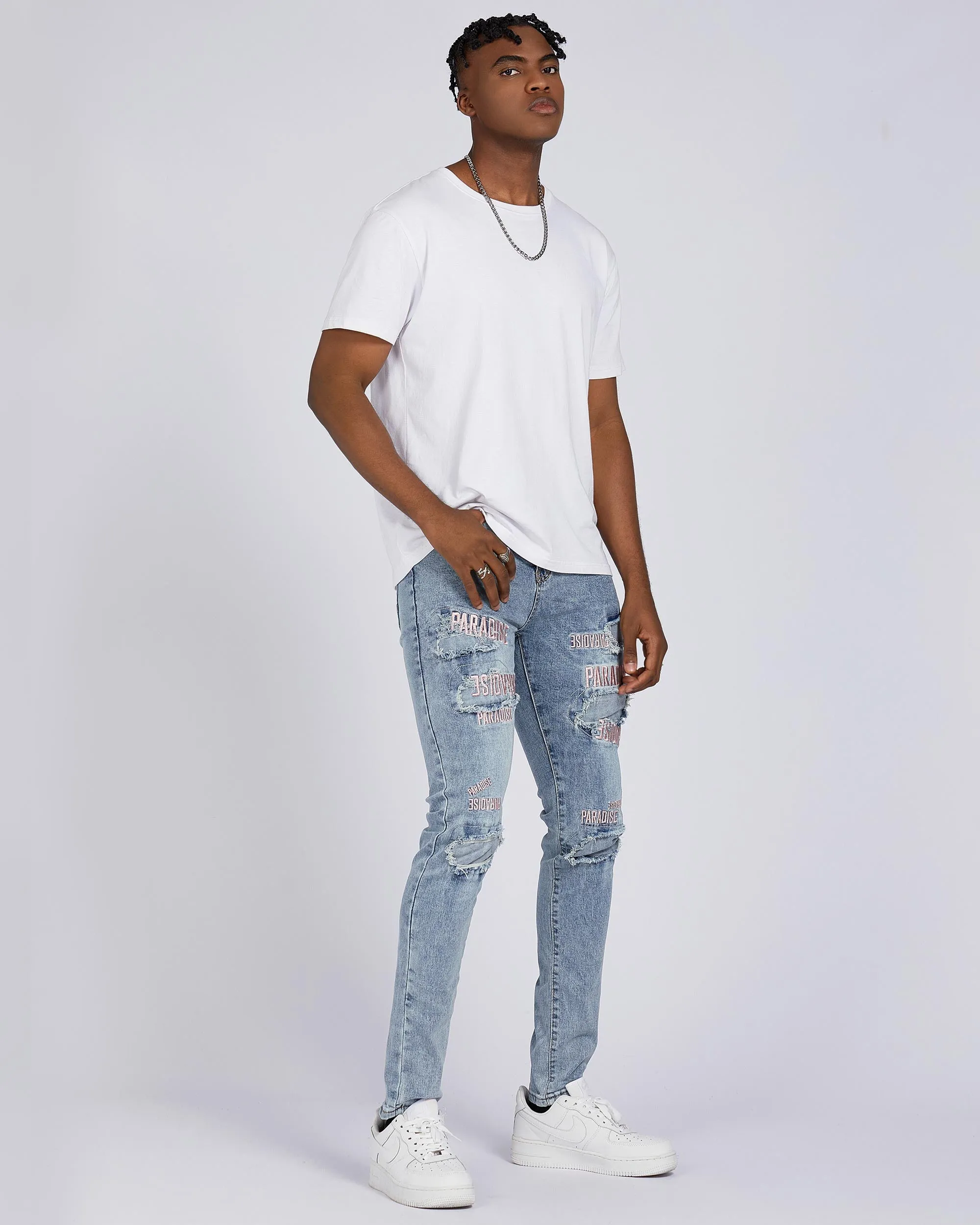 Light Wash Blue Rip & Repair Jeans with Embroidered