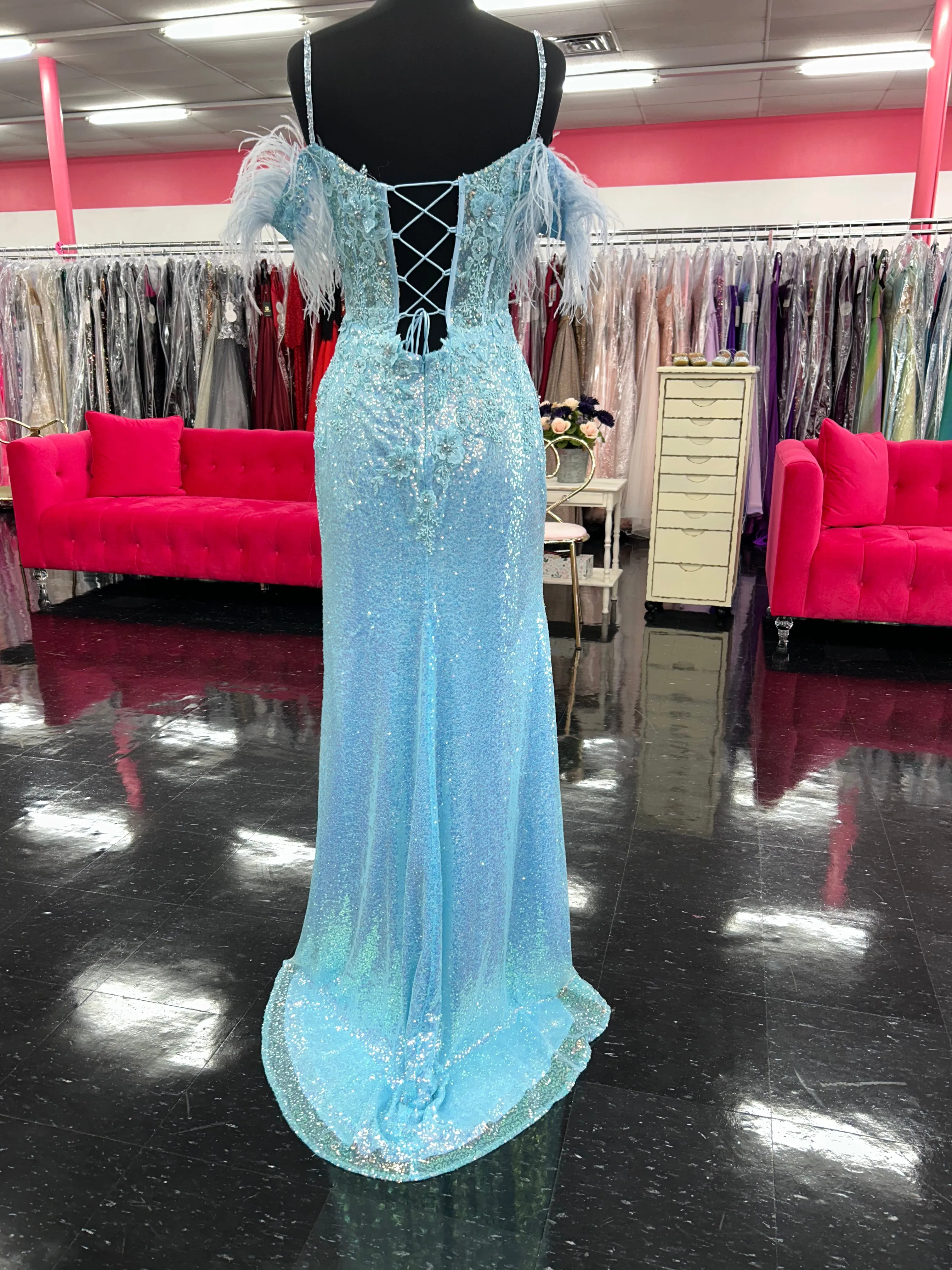 Lucci Lu 1282 Long Fitted Sequin Sheer Lace Feather off the Shoulder Prom Dress Formal Gown Corset Back