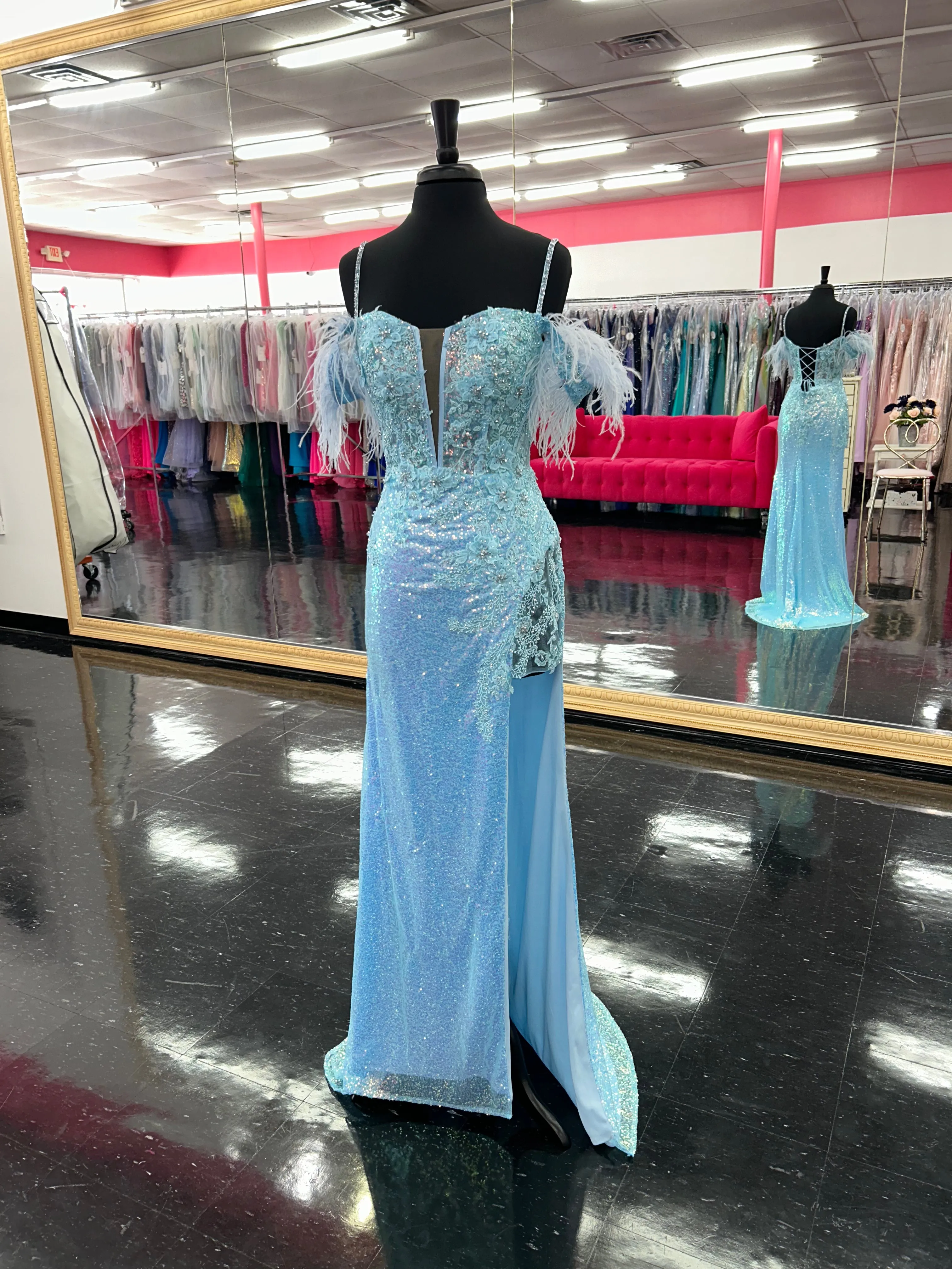 Lucci Lu 1282 Long Fitted Sequin Sheer Lace Feather off the Shoulder Prom Dress Formal Gown Corset Back