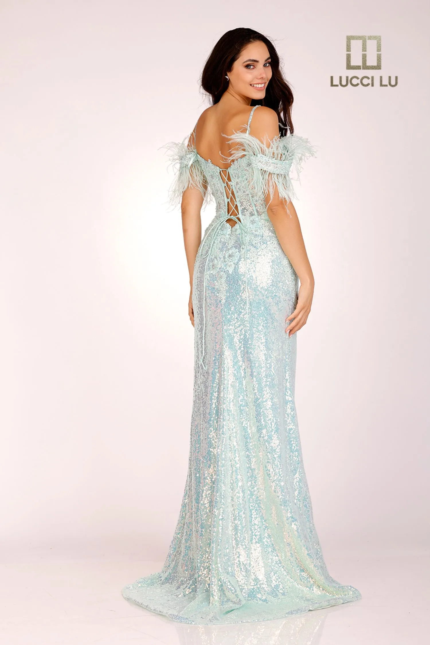 Lucci Lu 1282 Long Fitted Sequin Sheer Lace Feather off the Shoulder Prom Dress Formal Gown Corset Back