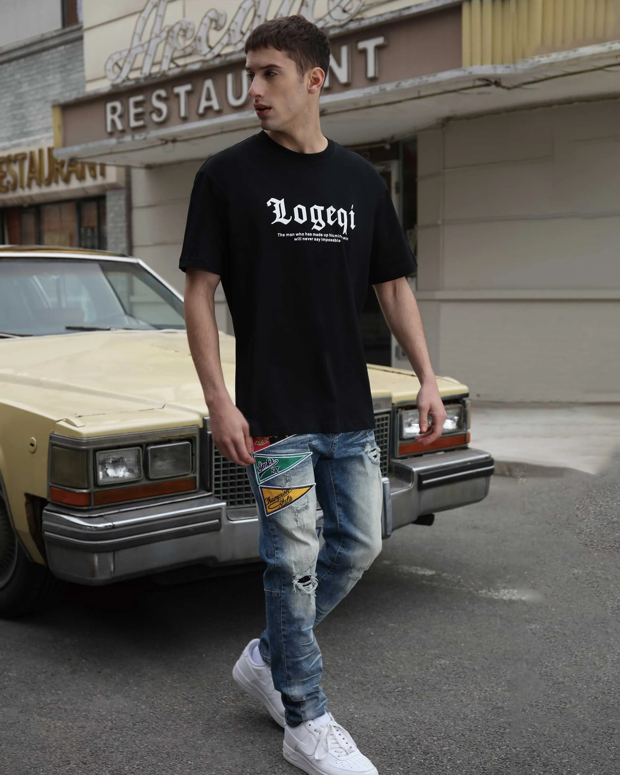 Medium Wash Blue Distressed Jeans with Flag Patch-Mexico Local Delivery