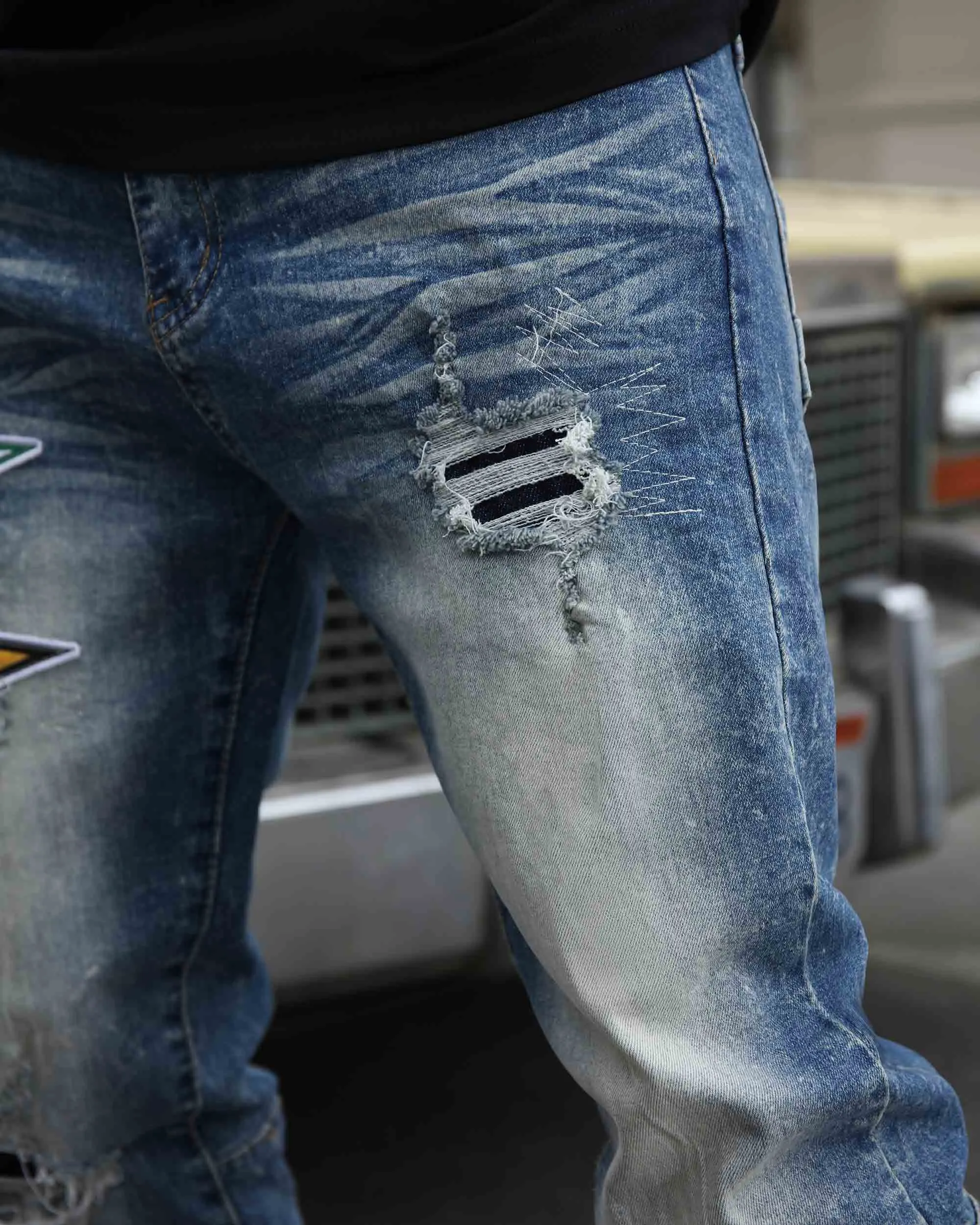 Medium Wash Blue Distressed Jeans with Flag Patch-Mexico Local Delivery