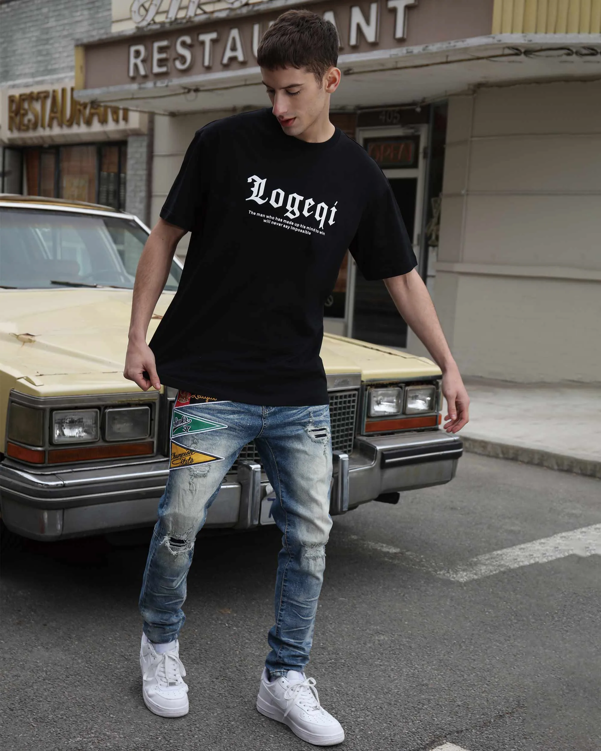 Medium Wash Blue Distressed Jeans with Flag Patch-Mexico Local Delivery