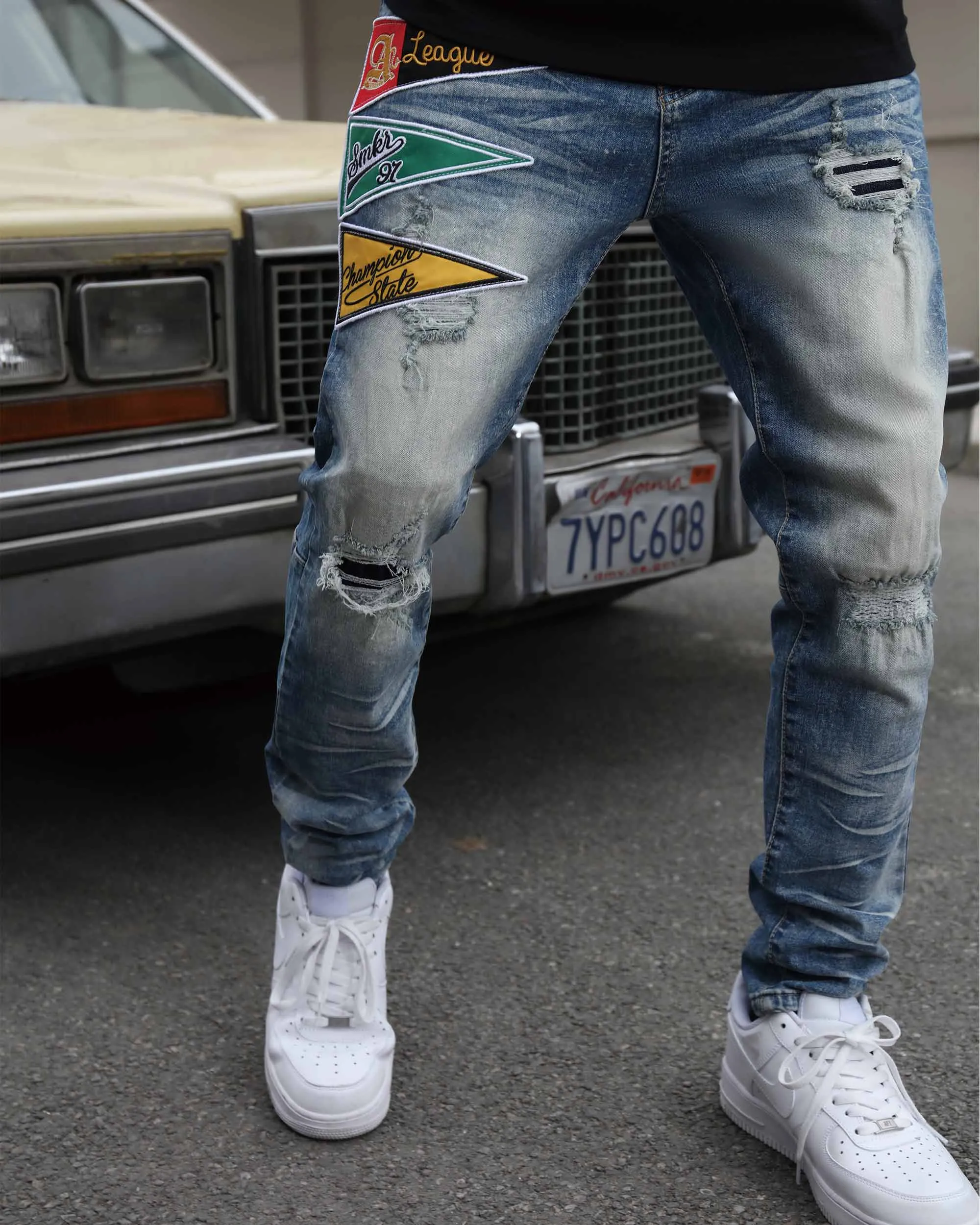 Medium Wash Blue Distressed Jeans with Flag Patch-Mexico Local Delivery