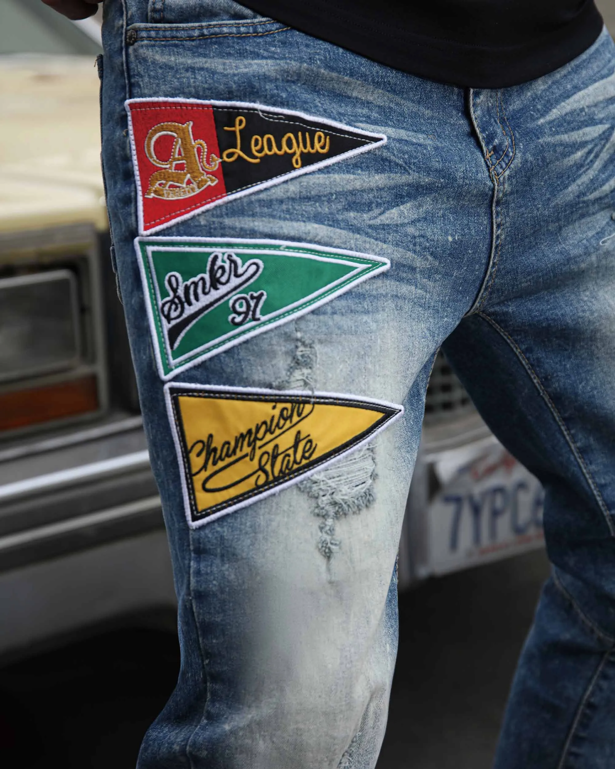Medium Wash Blue Distressed Jeans with Flag Patch-Mexico Local Delivery