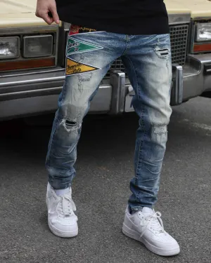 Medium Wash Blue Distressed Jeans with Flag Patch-Mexico Local Delivery