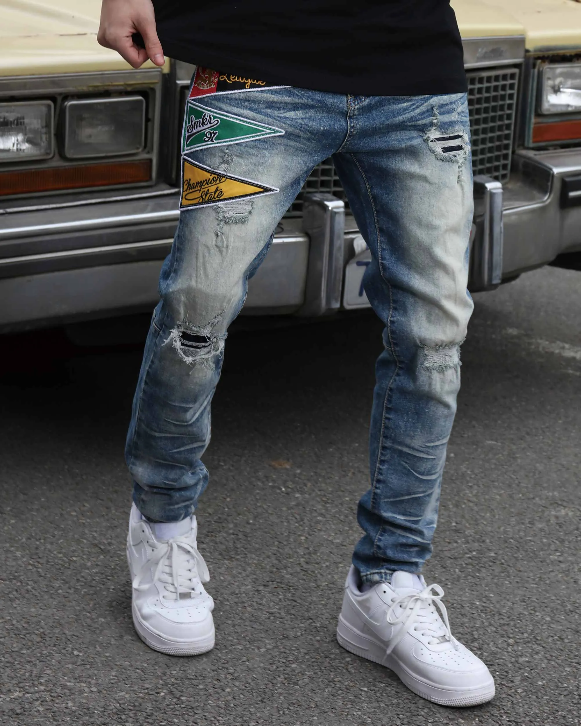 Medium Wash Blue Distressed Jeans with Flag Patch-Mexico Local Delivery