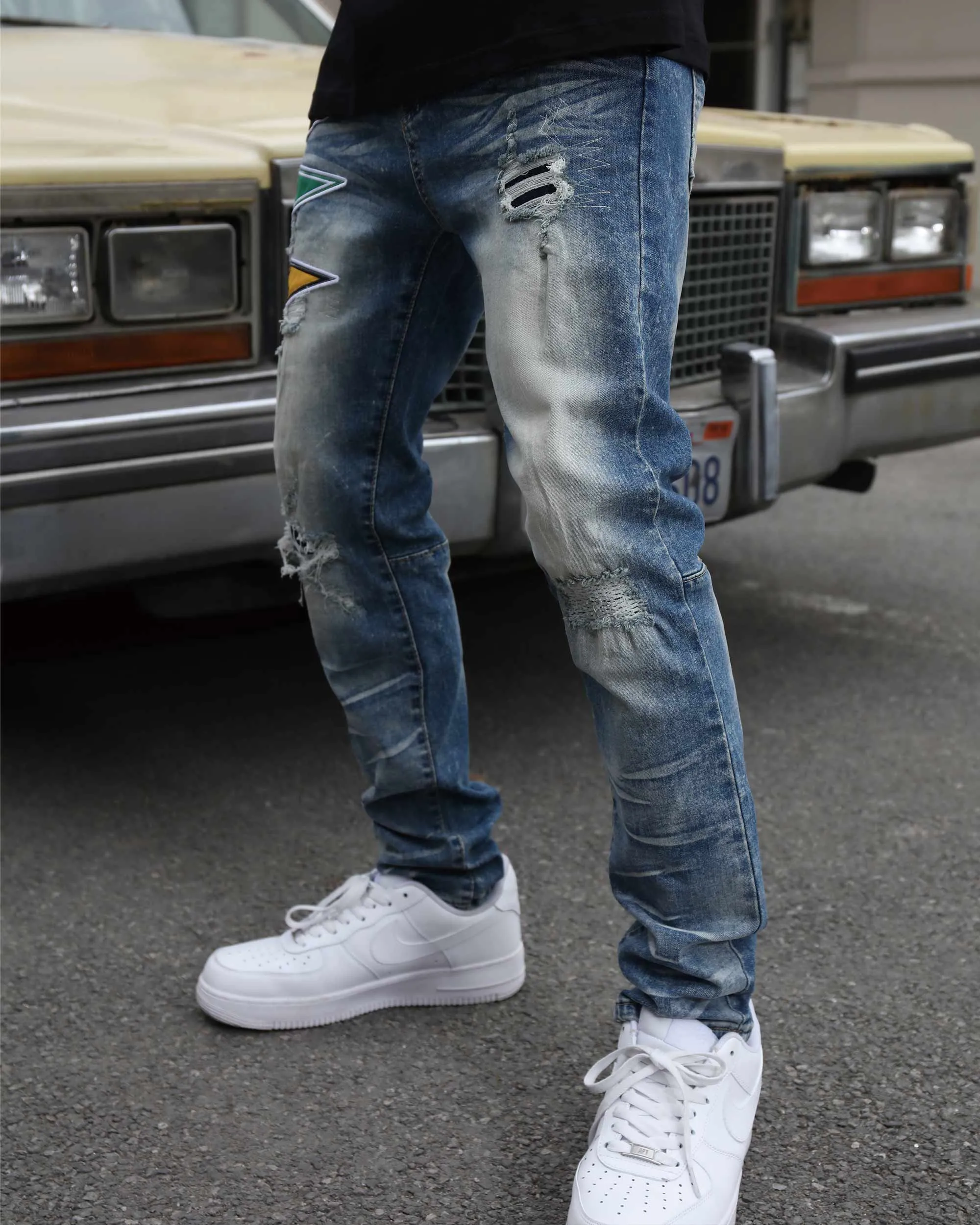 Medium Wash Blue Distressed Jeans with Flag Patch-Mexico Local Delivery