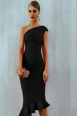 Midnight In London Ruffle Bodycon Midi Dress