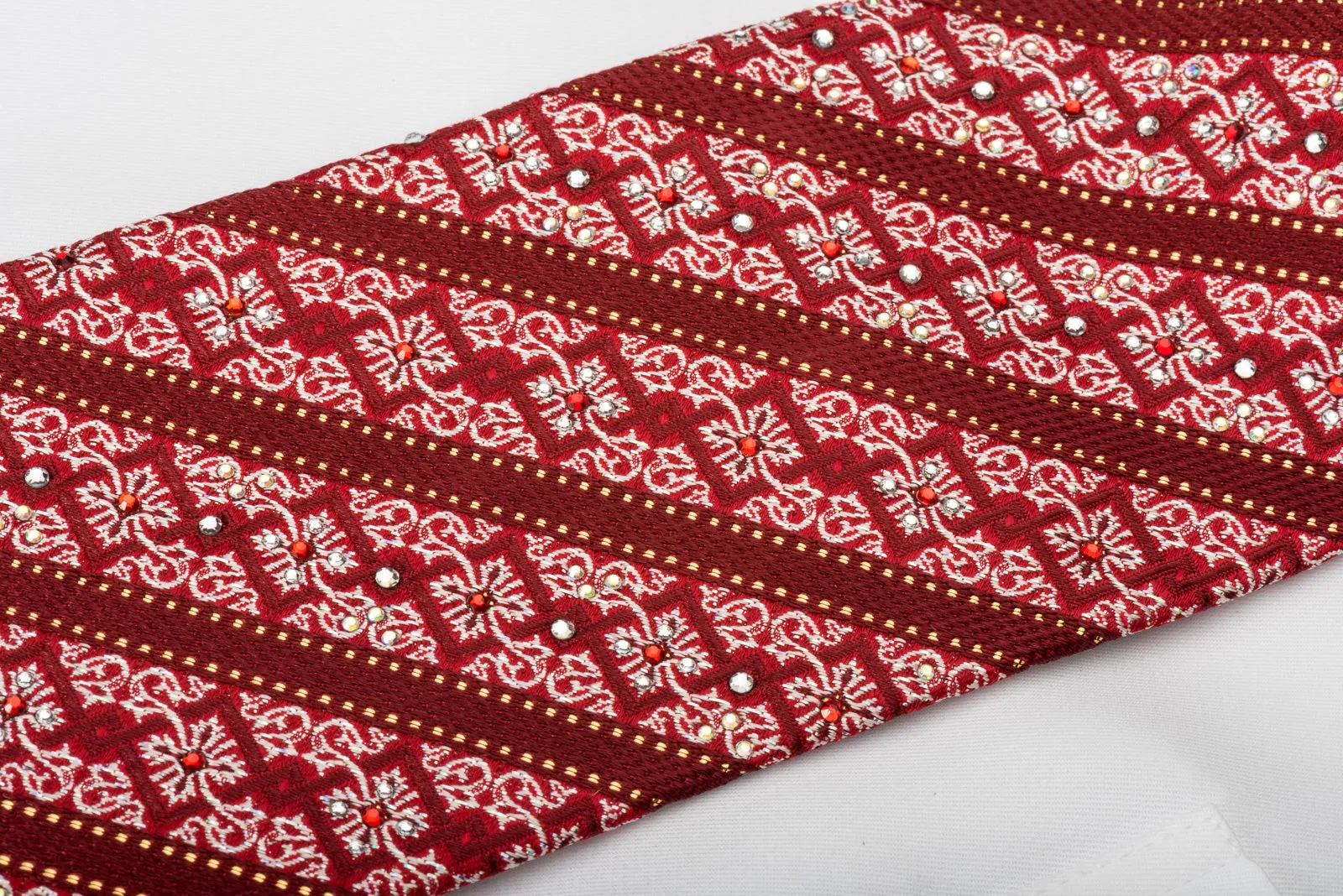 Mila Schon Rhinestone Silk Tie Burgundy Striped & Silver Cartouche On Red