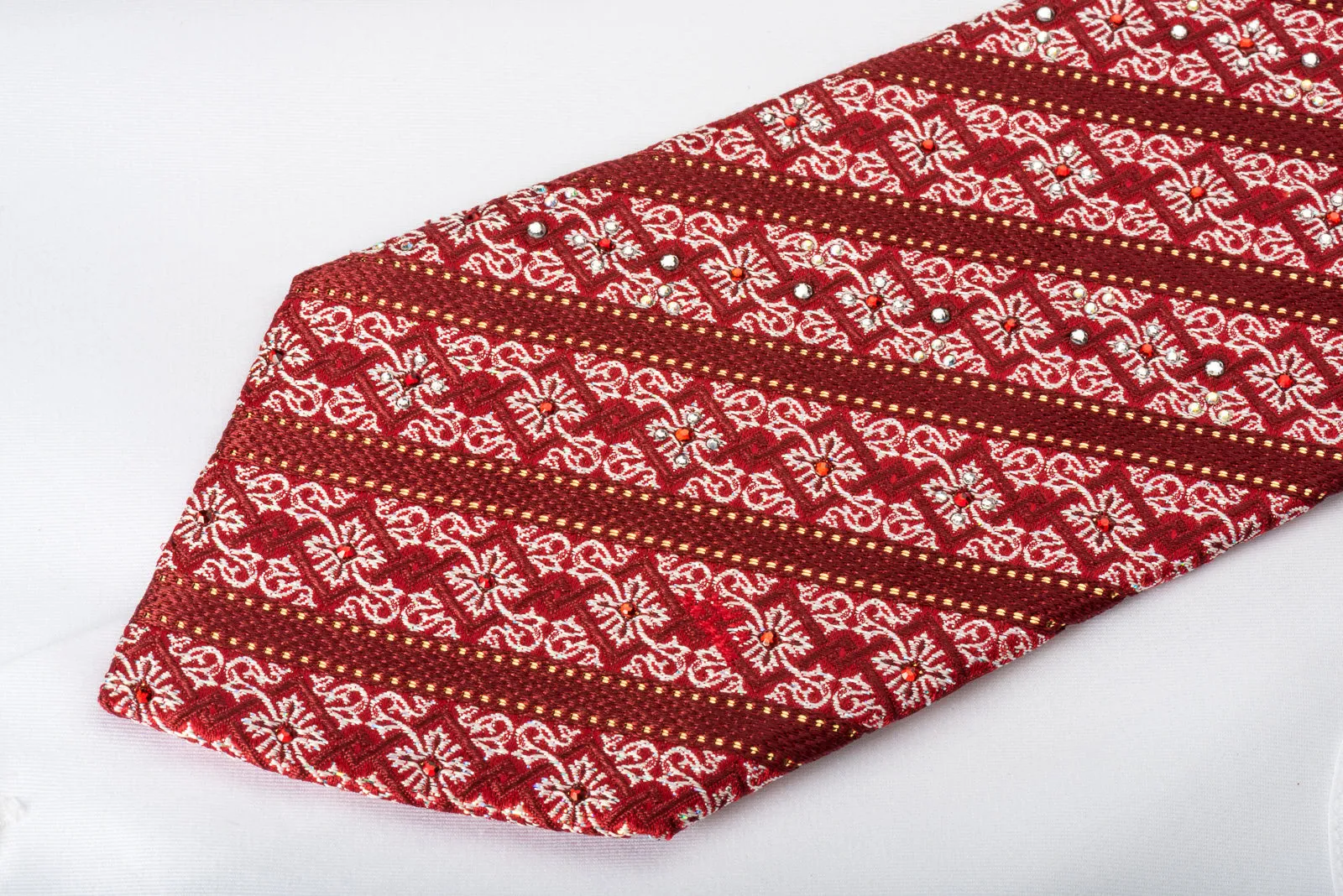 Mila Schon Rhinestone Silk Tie Burgundy Striped & Silver Cartouche On Red