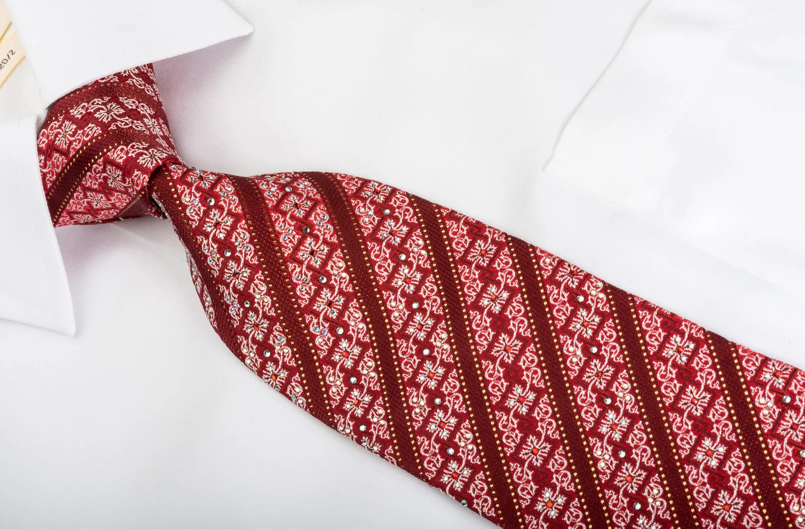 Mila Schon Rhinestone Silk Tie Burgundy Striped & Silver Cartouche On Red