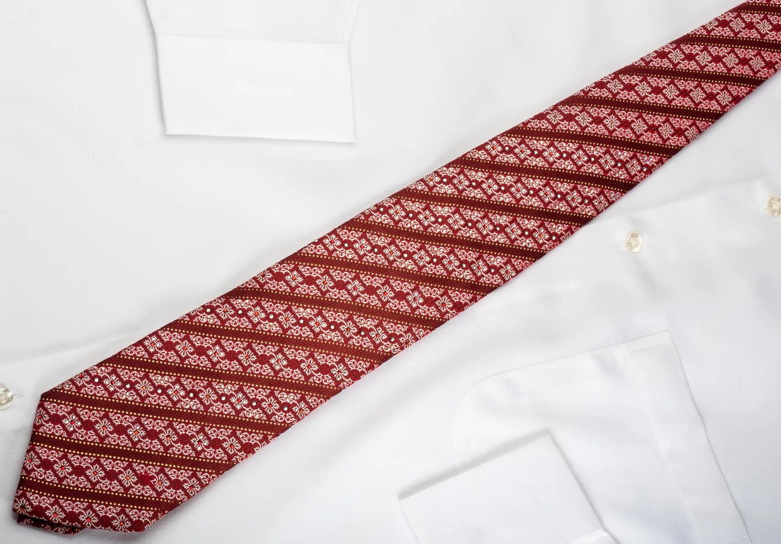 Mila Schon Rhinestone Silk Tie Burgundy Striped & Silver Cartouche On Red