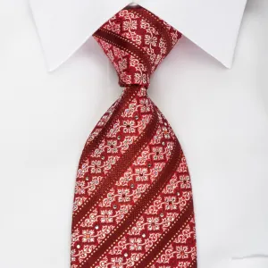 Mila Schon Rhinestone Silk Tie Burgundy Striped & Silver Cartouche On Red