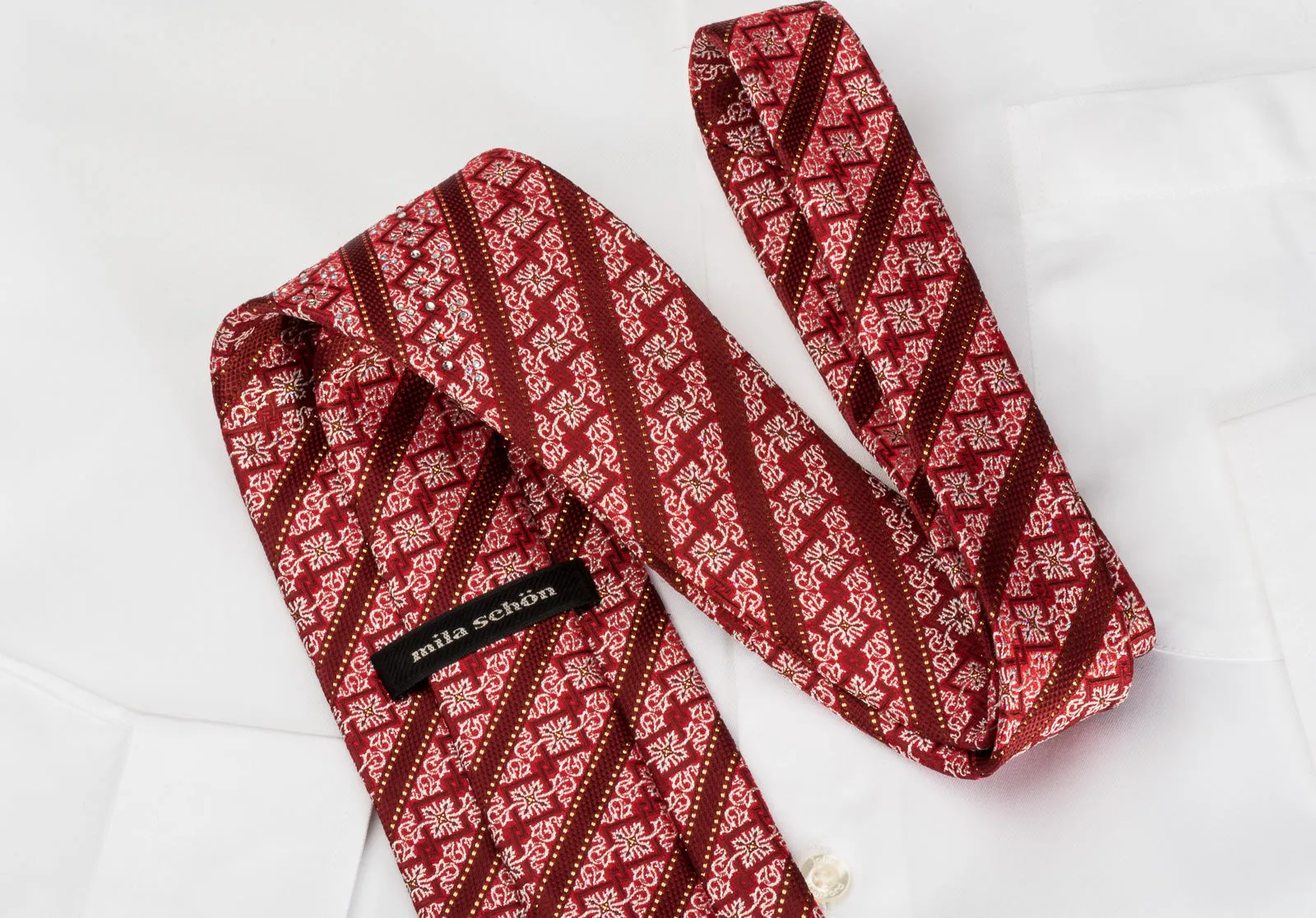 Mila Schon Rhinestone Silk Tie Burgundy Striped & Silver Cartouche On Red