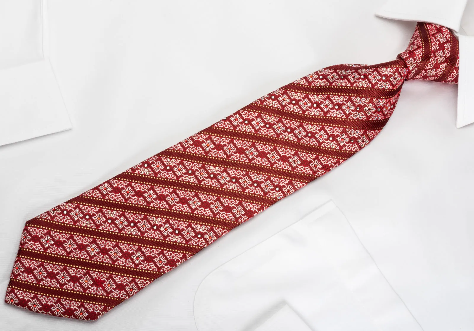 Mila Schon Rhinestone Silk Tie Burgundy Striped & Silver Cartouche On Red