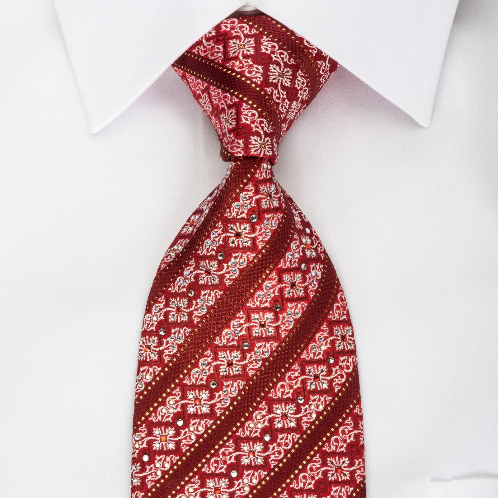 Mila Schon Rhinestone Silk Tie Burgundy Striped & Silver Cartouche On Red