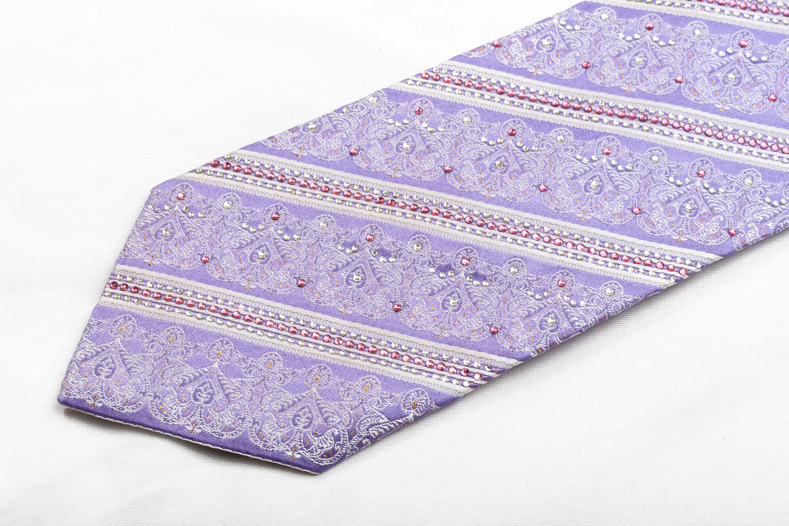 Nicole St Giles Men's Rhinestone Silk Necktie White Striped On Mauve With Gold Sparkles