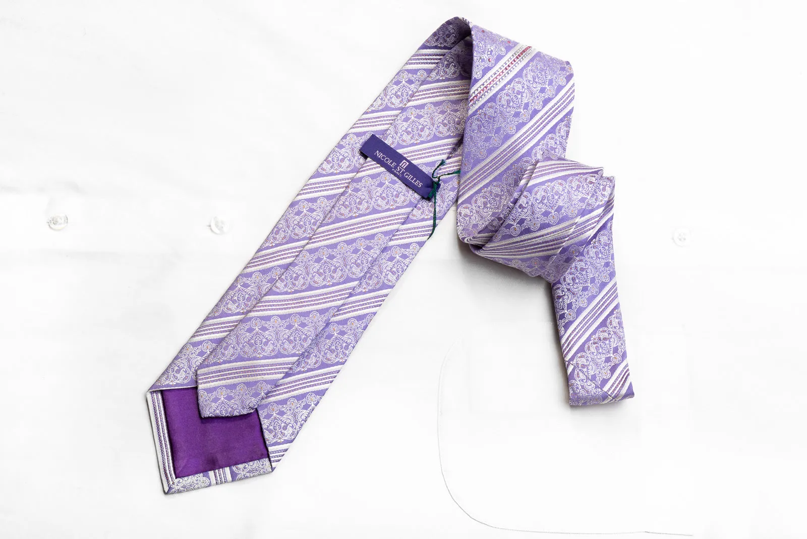 Nicole St Giles Men's Rhinestone Silk Necktie White Striped On Mauve With Gold Sparkles