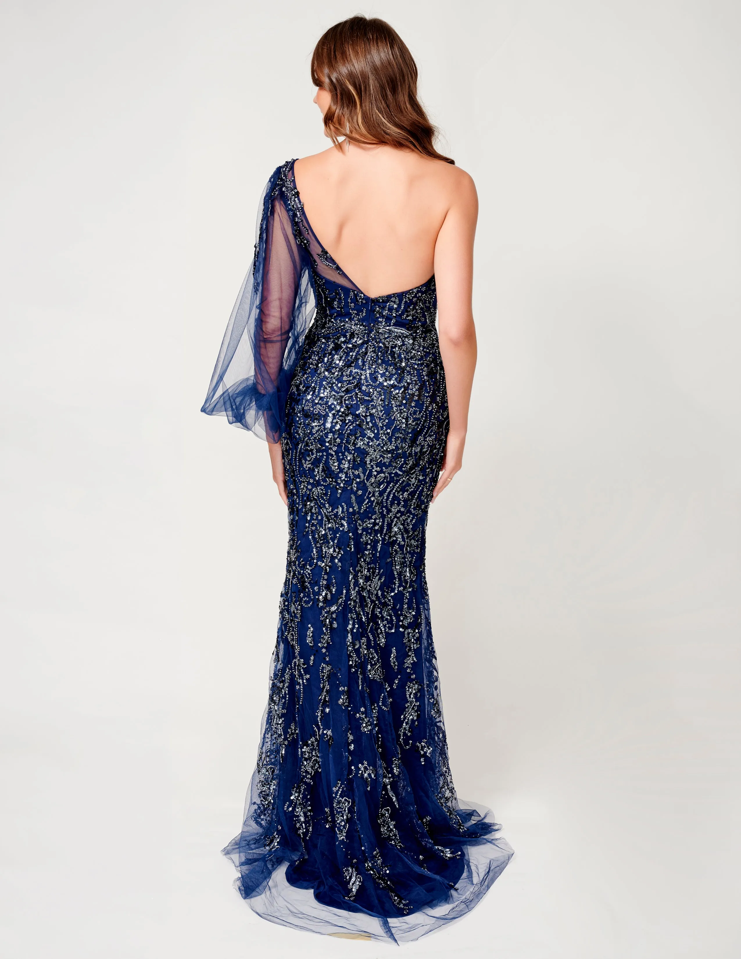 Nina Canacci 9159 Navy Beaded Evening Gown One Shoulder Long Sleeve Formal Gown Slit