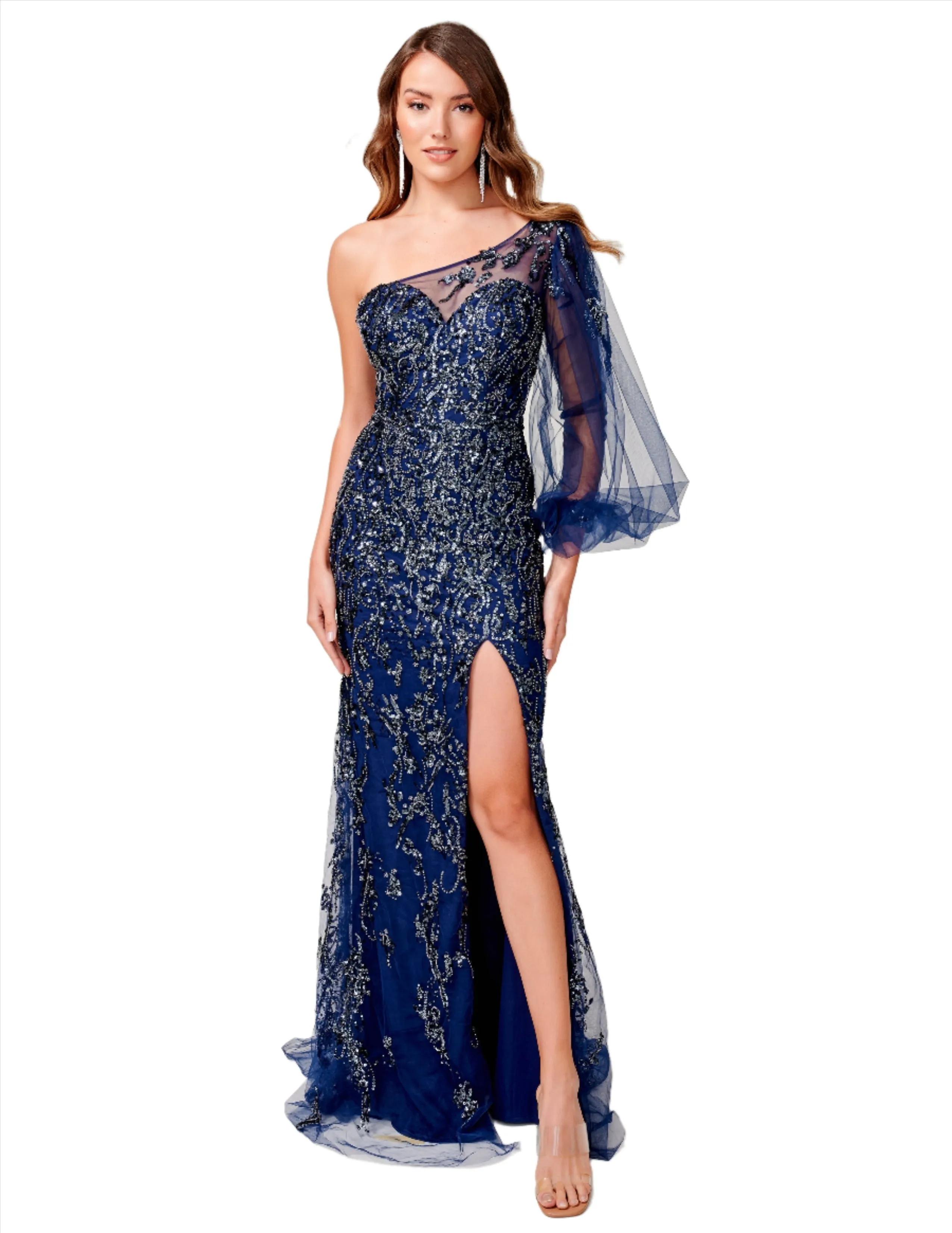 Nina Canacci 9159 Navy Beaded Evening Gown One Shoulder Long Sleeve Formal Gown Slit