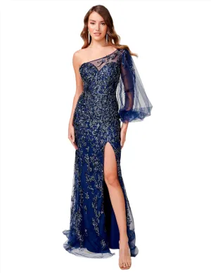 Nina Canacci 9159 Navy Beaded Evening Gown One Shoulder Long Sleeve Formal Gown Slit