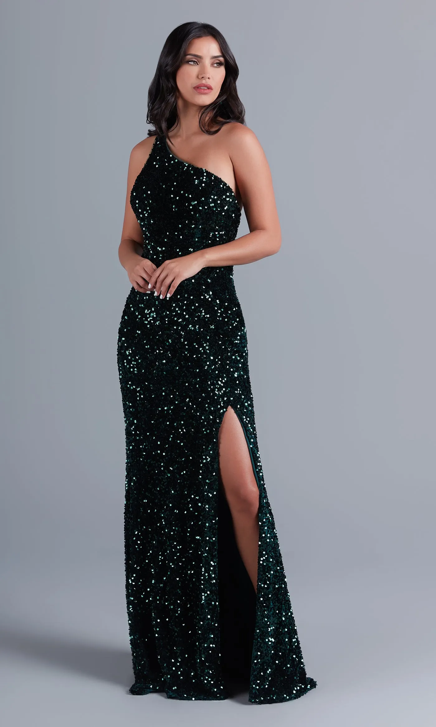 One-Shoulder Long Velvet Prom Dress with Sequins