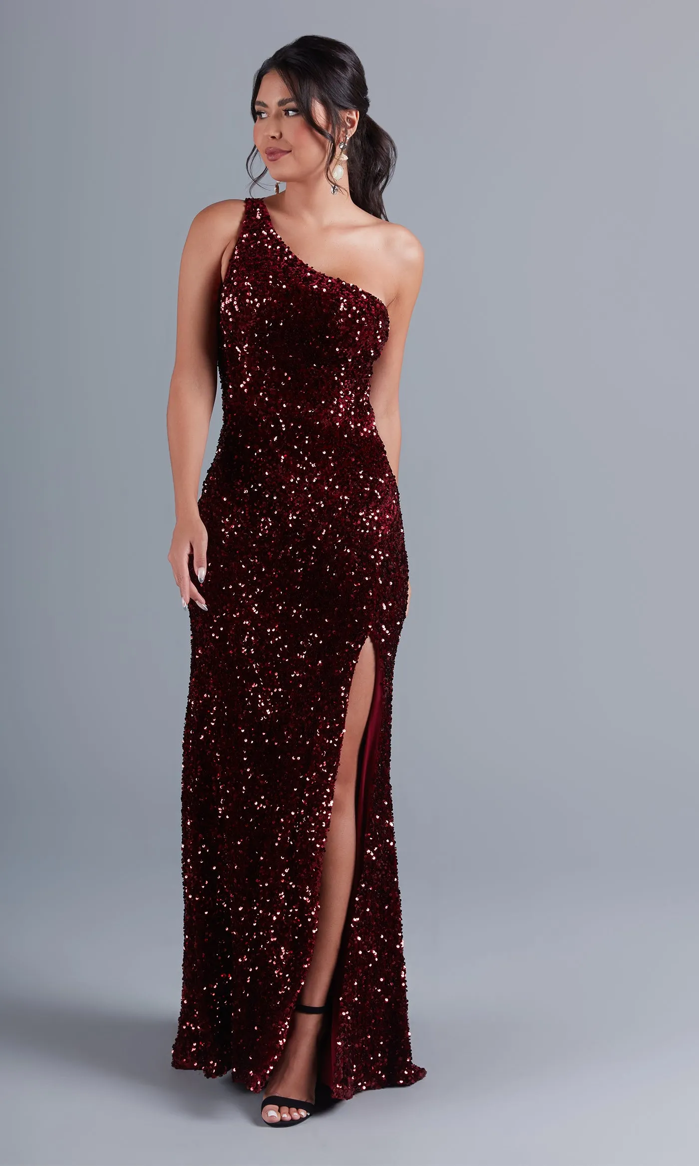 One-Shoulder Long Velvet Prom Dress with Sequins