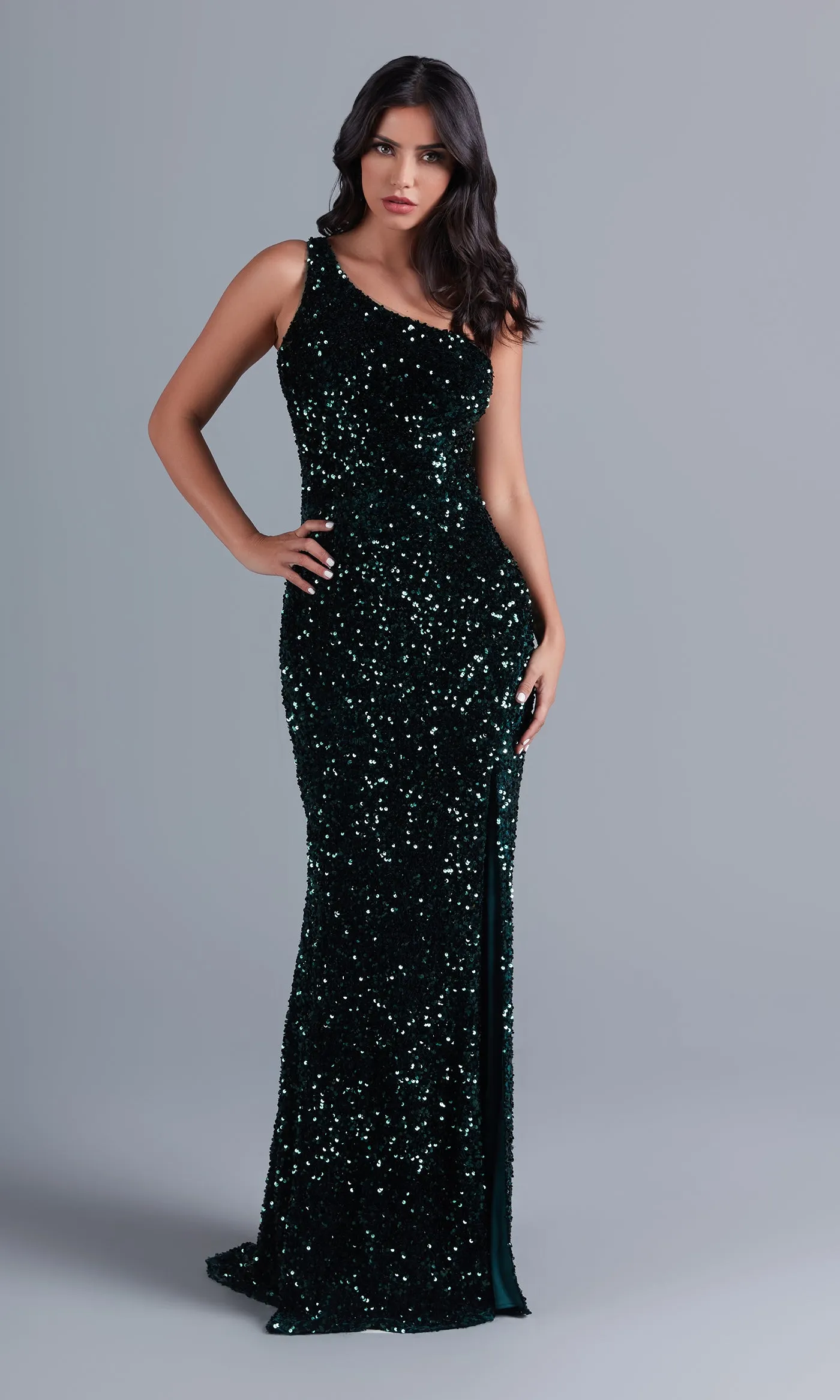 One-Shoulder Long Velvet Prom Dress with Sequins