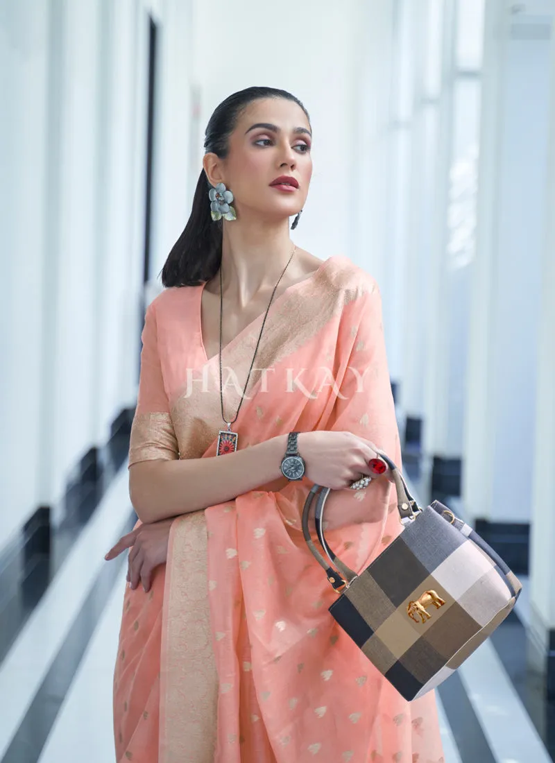 Peach Mukaish Weaved Modal Silk Saree