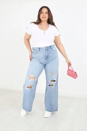 PLUS SIZE BLUE HIGH WAISTED WIDE LEG RIPPED JEANS