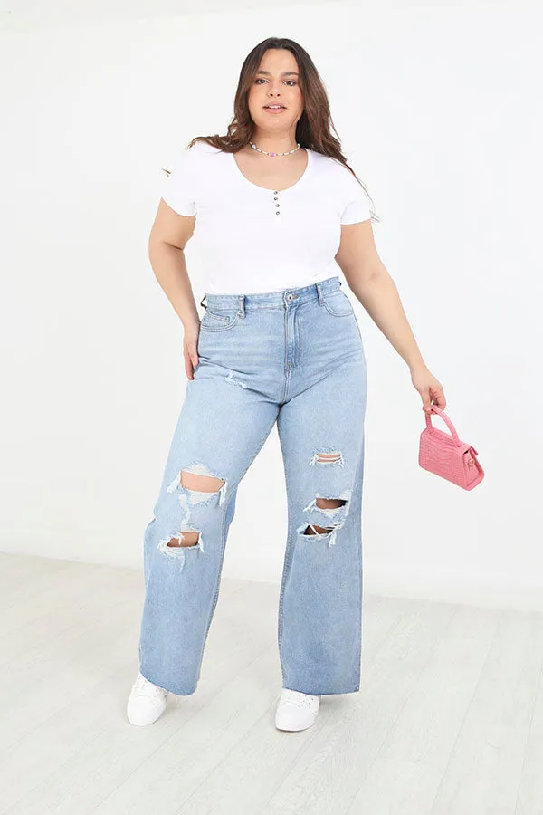 PLUS SIZE BLUE HIGH WAISTED WIDE LEG RIPPED JEANS